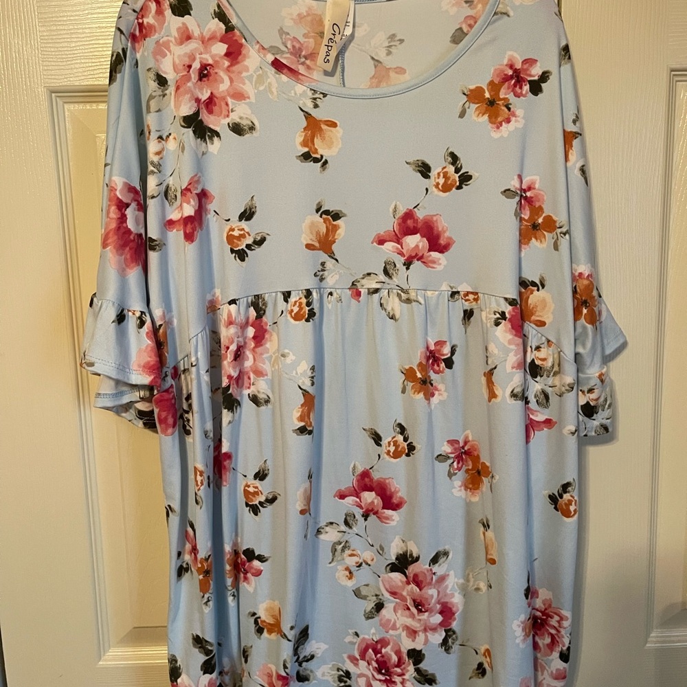 Blue Flutter Sleeve Floral Blouse